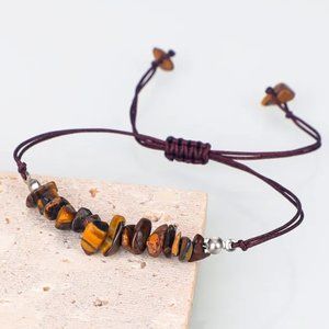 Unisex Brown Tiger's Eye Natural Stone Beaded Slip Knot Rope Bracelet NEW